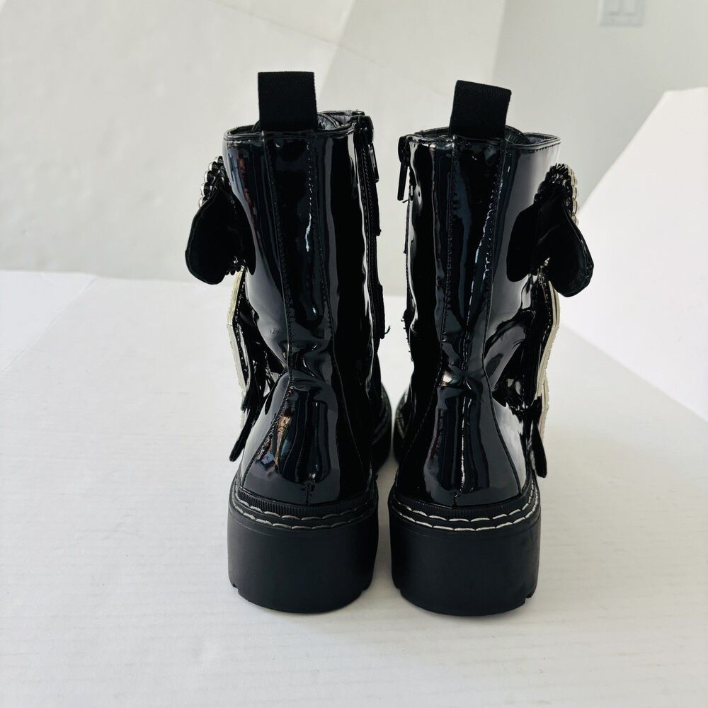 River Island Combat Boots Womens Size 7 Black Biker Crystal Buckle Straps Grunge - Picture 6 of 13